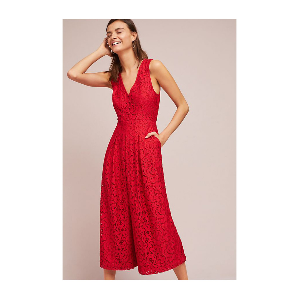 Red Anthropologie Lace Christmas Holiday Party Valentine's Day Jumpsuit Pants